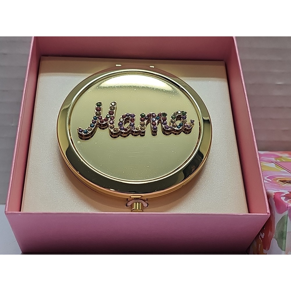 New In Box Monet Gold And Rhinestone "Mama" Mirror Compact‎ - Picture 2 of 4